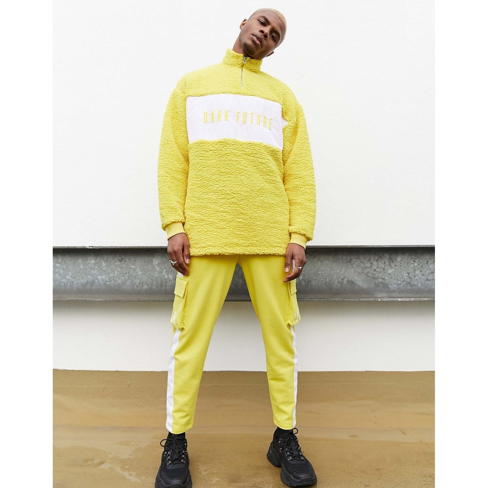 ASOS Dark Future‎ Pullover Mens Size M Yellow Good Borg Fleece Quarter Zip Logo